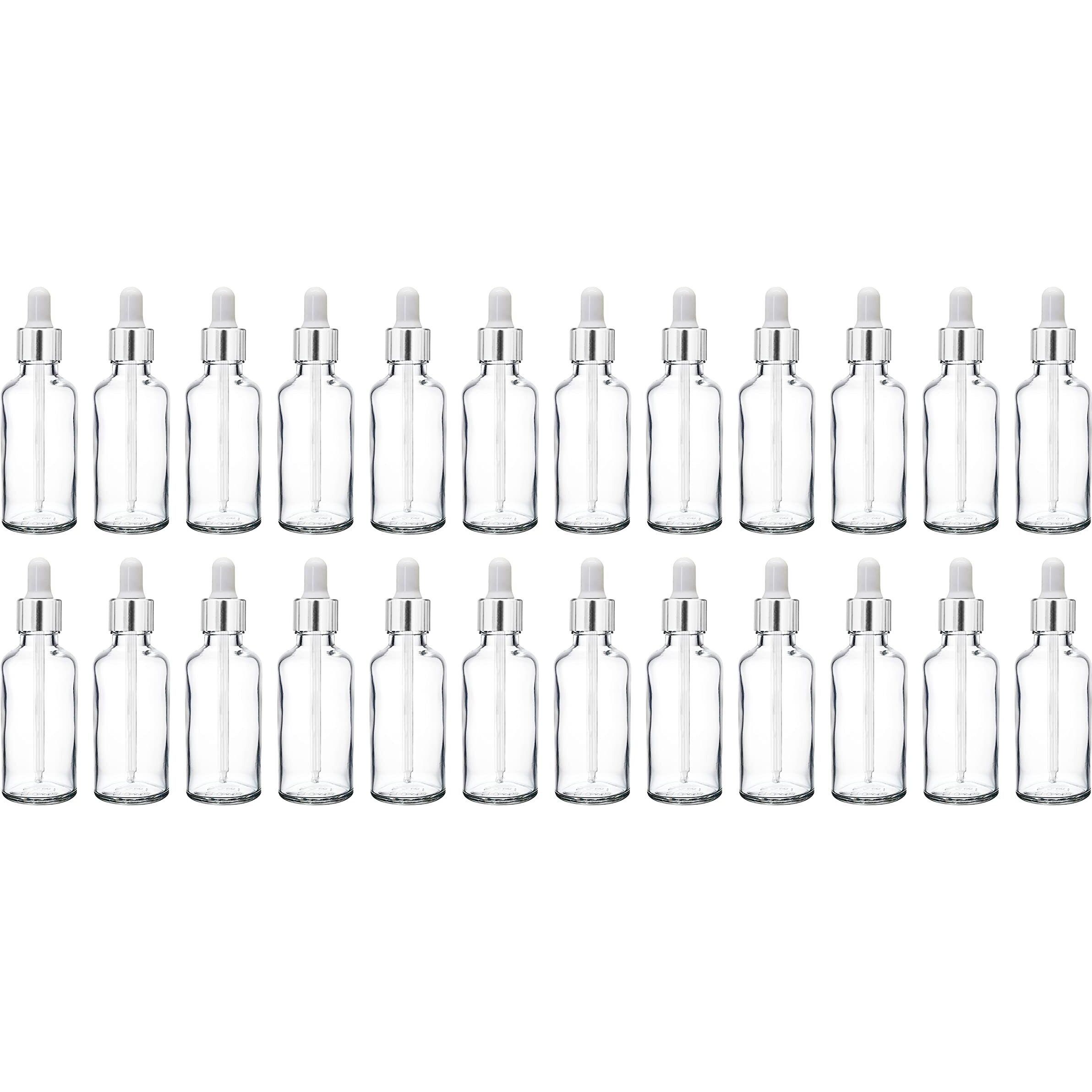 Nsb Herbals 50 Ml Clear/Transparent Round Empty Glass Bottle + Glass Dropper + Silver Ring + Silcon White Teat, Refillable, Leak Proof For Essential Oils, Perfumes (Pack Of 12)