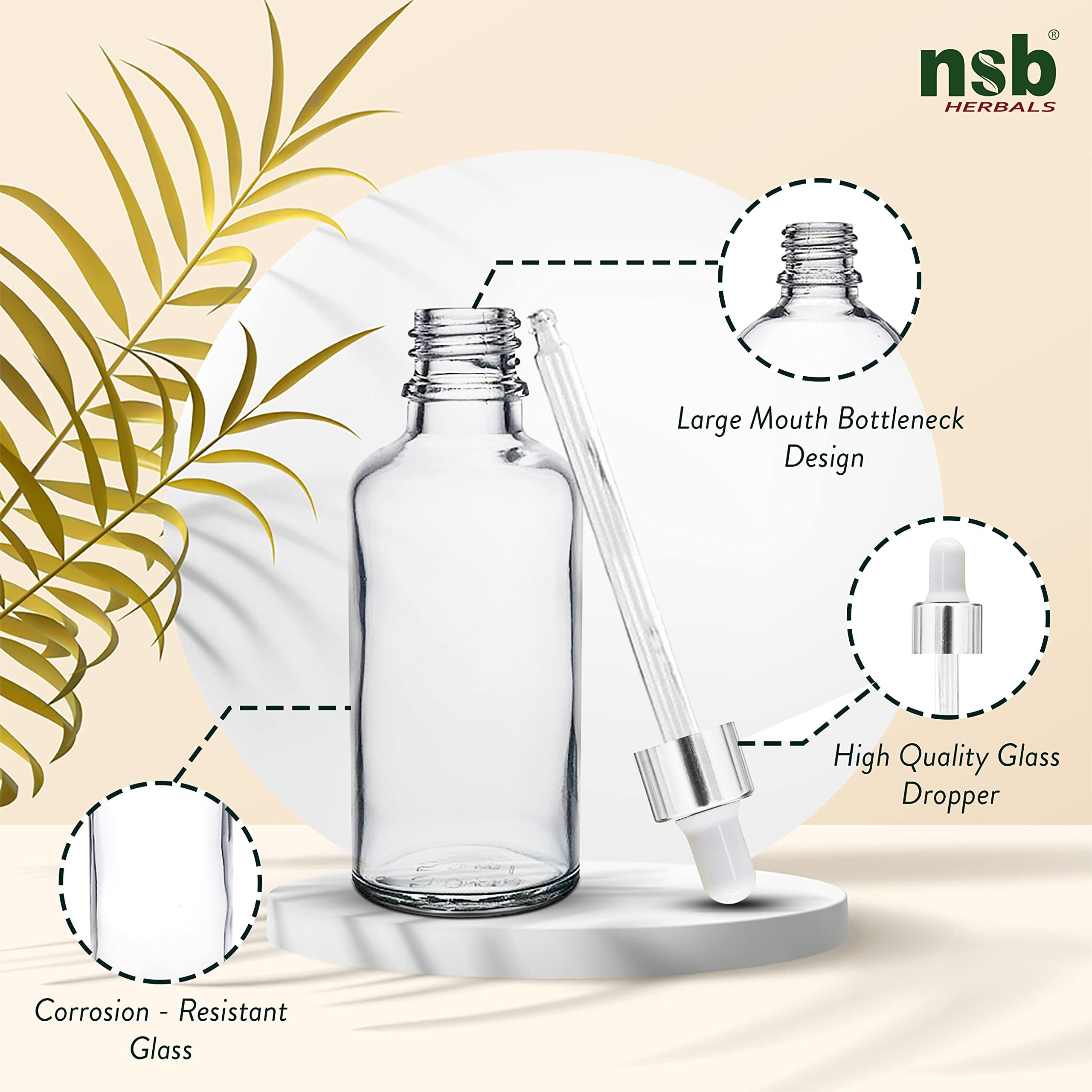Nsb Herbals 50 Ml Clear/Transparent Round Empty Glass Bottle + Glass Dropper + Silver Ring + Silcon White Teat, Refillable, Leak Proof For Essential Oils, Perfumes (Pack Of 12)