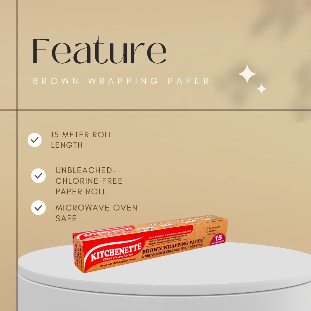 Kitchenette Brown Food Wrapping & Baking Paper (Unbleached & Chlorine Free) Multipurpose | Oven And Microwave Safe | Non Stick - 15 Meters ( Pack Of 2 )