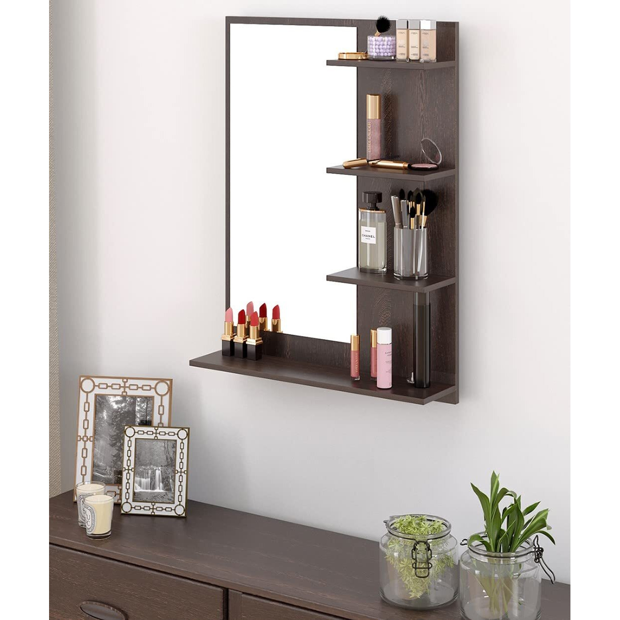 Bluewud Rico Mini Engineered Wood Wall Mount Dressing Table Organizer Makeup Vanity With Mirror Storage Shelves For Bedroom Home Furniture (Wenge)