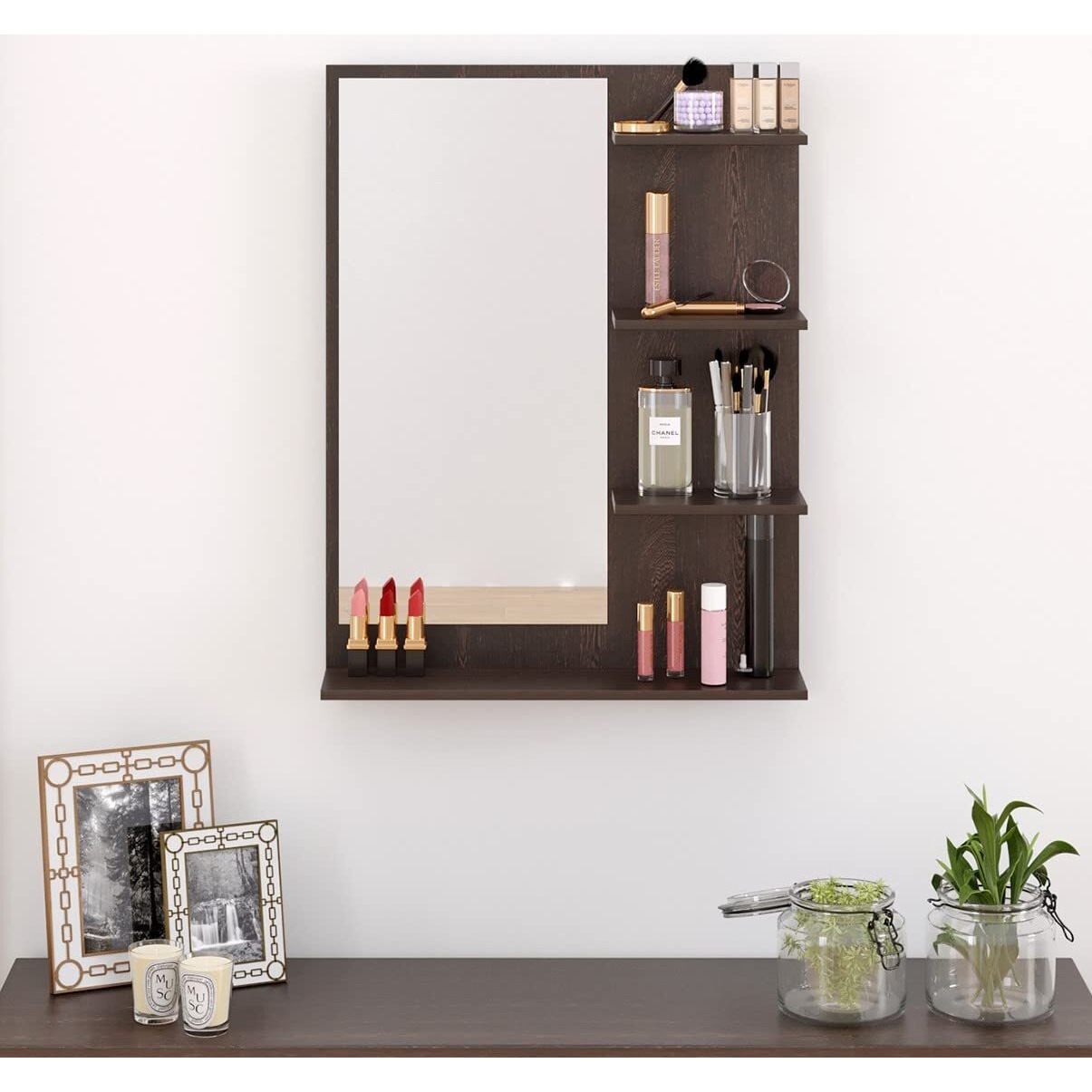 Bluewud Rico Mini Engineered Wood Wall Mount Dressing Table Organizer Makeup Vanity With Mirror Storage Shelves For Bedroom Home Furniture (Wenge)