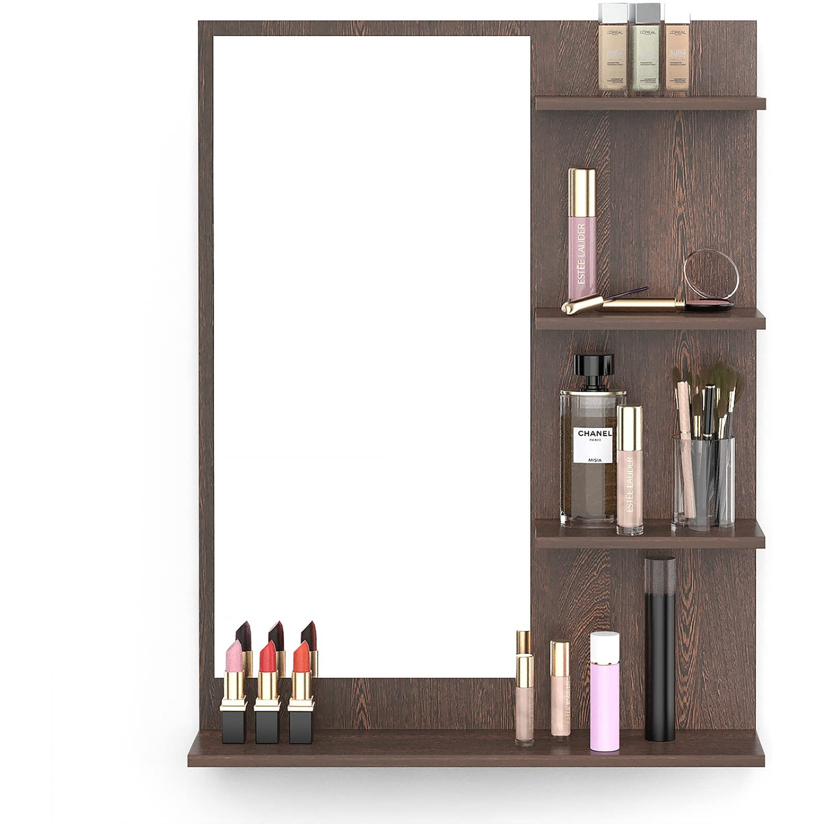 Bluewud Rico Mini Engineered Wood Wall Mount Dressing Table Organizer Makeup Vanity With Mirror Storage Shelves For Bedroom Home Furniture (Wenge)