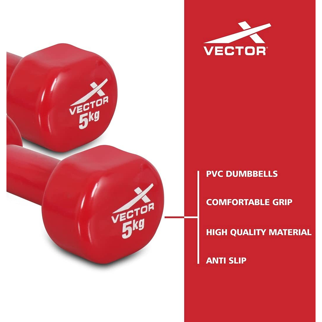 Vector X Pvc Round Shape Dumbbells Set Of 2 For Gym Exercise Training Home Workout Weight Dumbbell For Men And Women Body Building (2 X 5 Kg) 10 Kg - Red