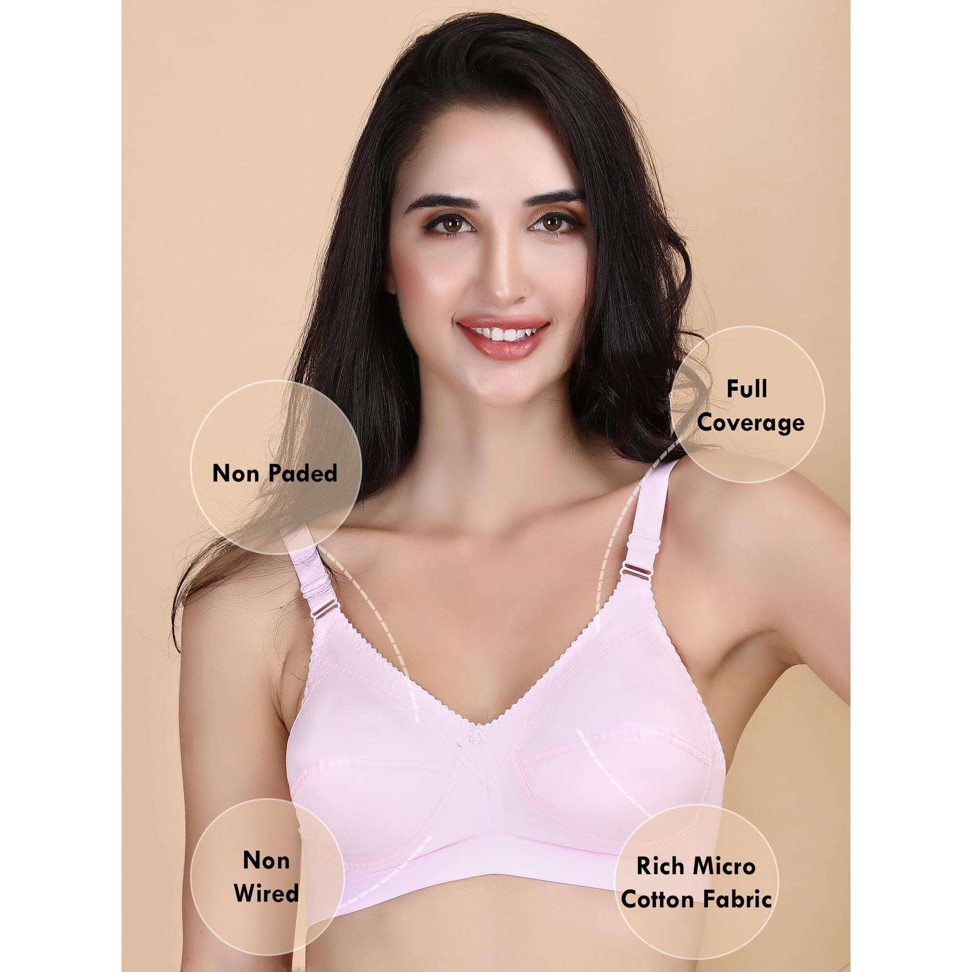 Klassik | Since 1993 | Woman Everyday 100% Cotton Bra, Non-Padded & Full Coverage | Wirefree, Adjustable Straps Bra For Girls | Pink Colour-C(44)