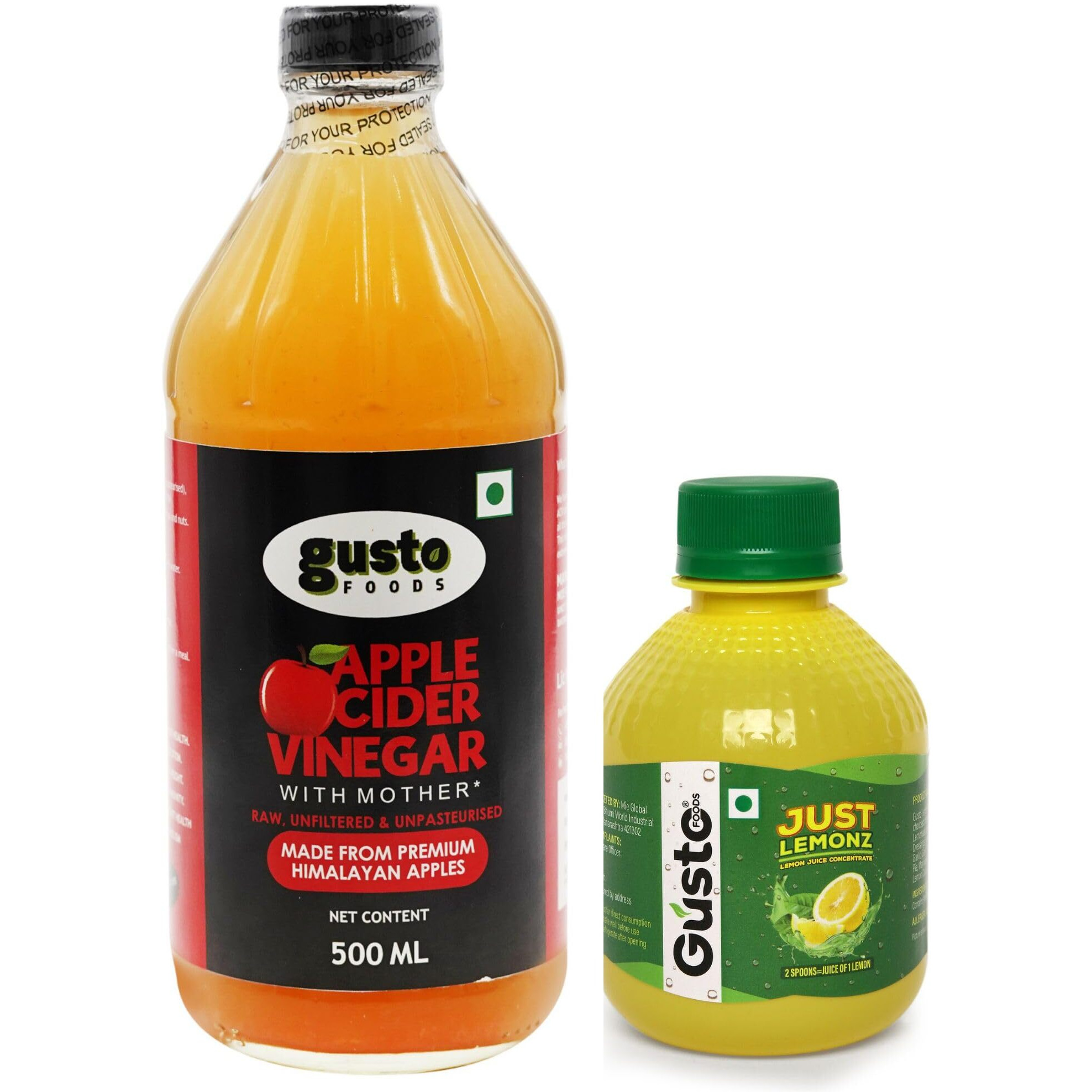 Gusto Foods Apple Cider Vinegar With Mother (500Ml) & Lemon Juice Concentrate (200Ml) Combo | Raw, Unfiltered, Premium Himalayan Acv | Equivalent To 20 Lemons | Ideal For Daily Use