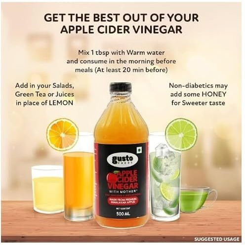 Gusto Foods Apple Cider Vinegar With Mother (500Ml) & Lemon Juice Concentrate (200Ml) Combo | Raw, Unfiltered, Premium Himalayan Acv | Equivalent To 20 Lemons | Ideal For Daily Use