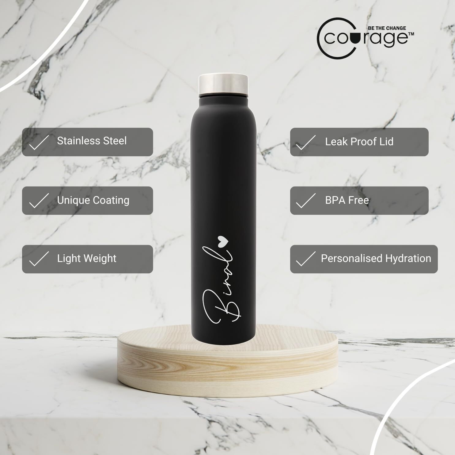 Courage  Be The Change Customized/Personalized/Name/Logo Print For Gifting/Employee Appreciation On Stainless Steel Water Bottle For Office, School, Sports Use (Bold, Pack Of 1), 1000 Liters