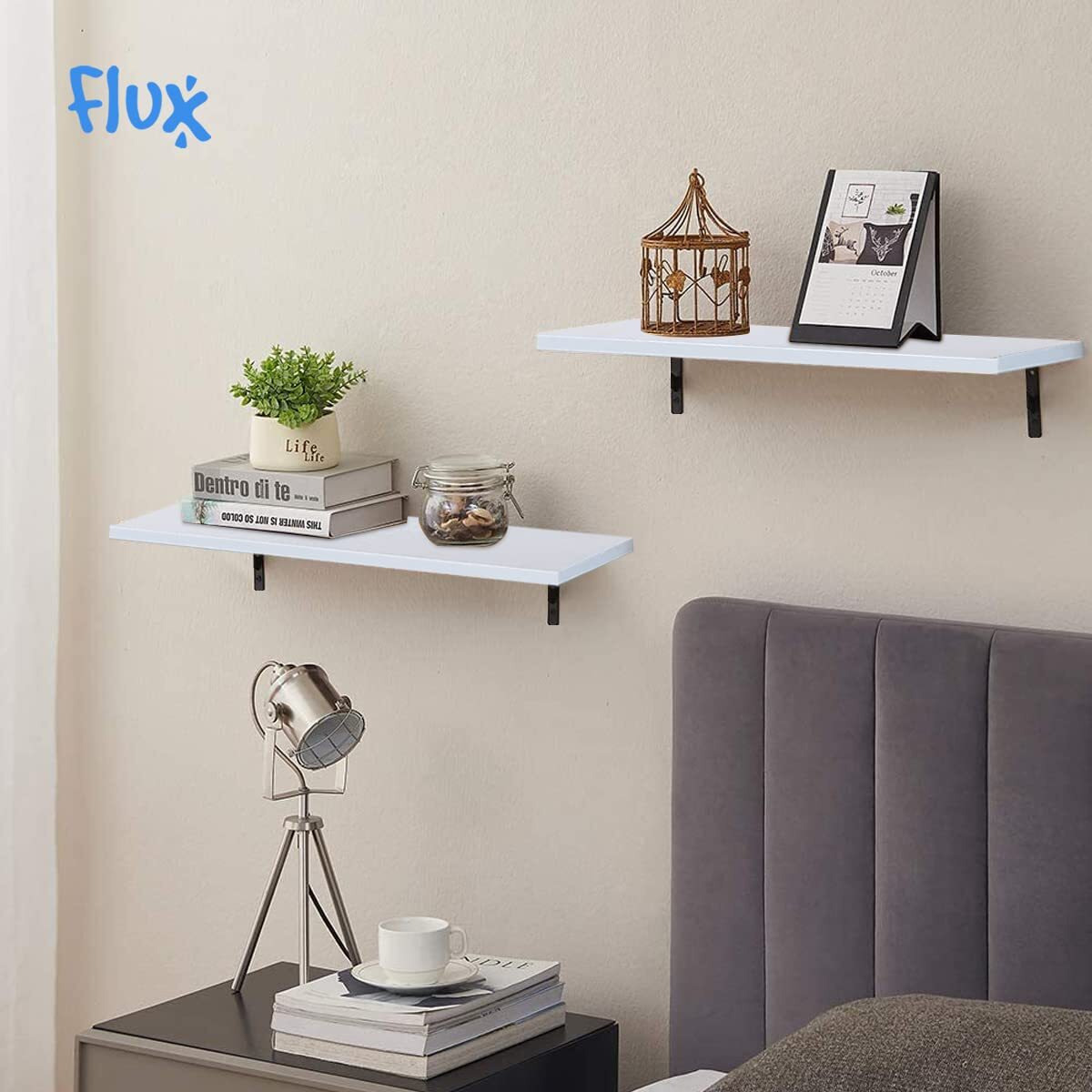 Flux Floating Wall Shelf For Living Room Wall Mount Wall Shelves Book Shelves For Wall, Room Kitchen, Bathroom, Bedroom And Home Decor (1) (White - Pack Of 2)