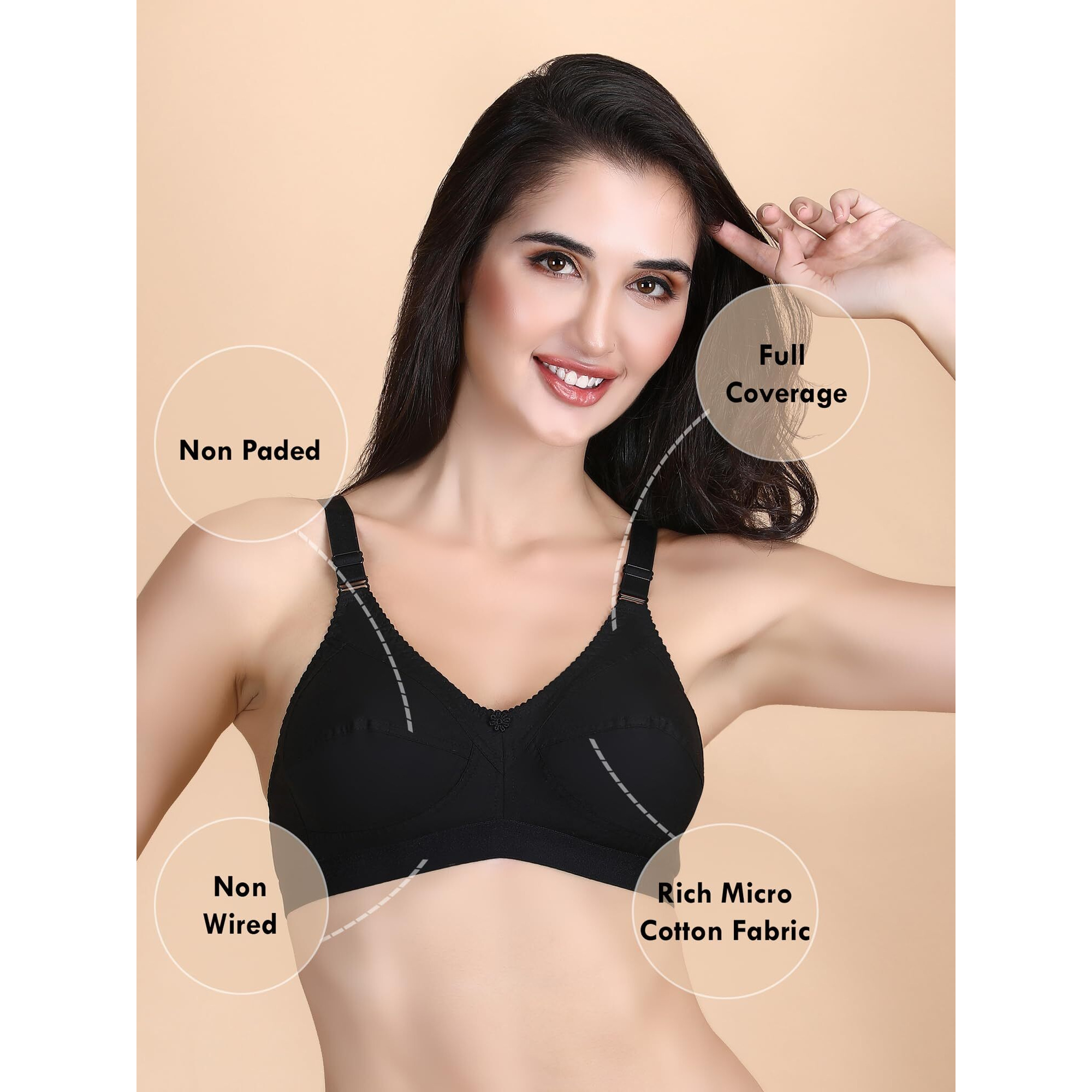 Klassik | Since 1993 | Woman Everyday 100% Cotton Bra, Non-Padded & Full Coverage | Wirefree, Adjustable Straps Bra For Girls | Blck Colour-E(46) Black