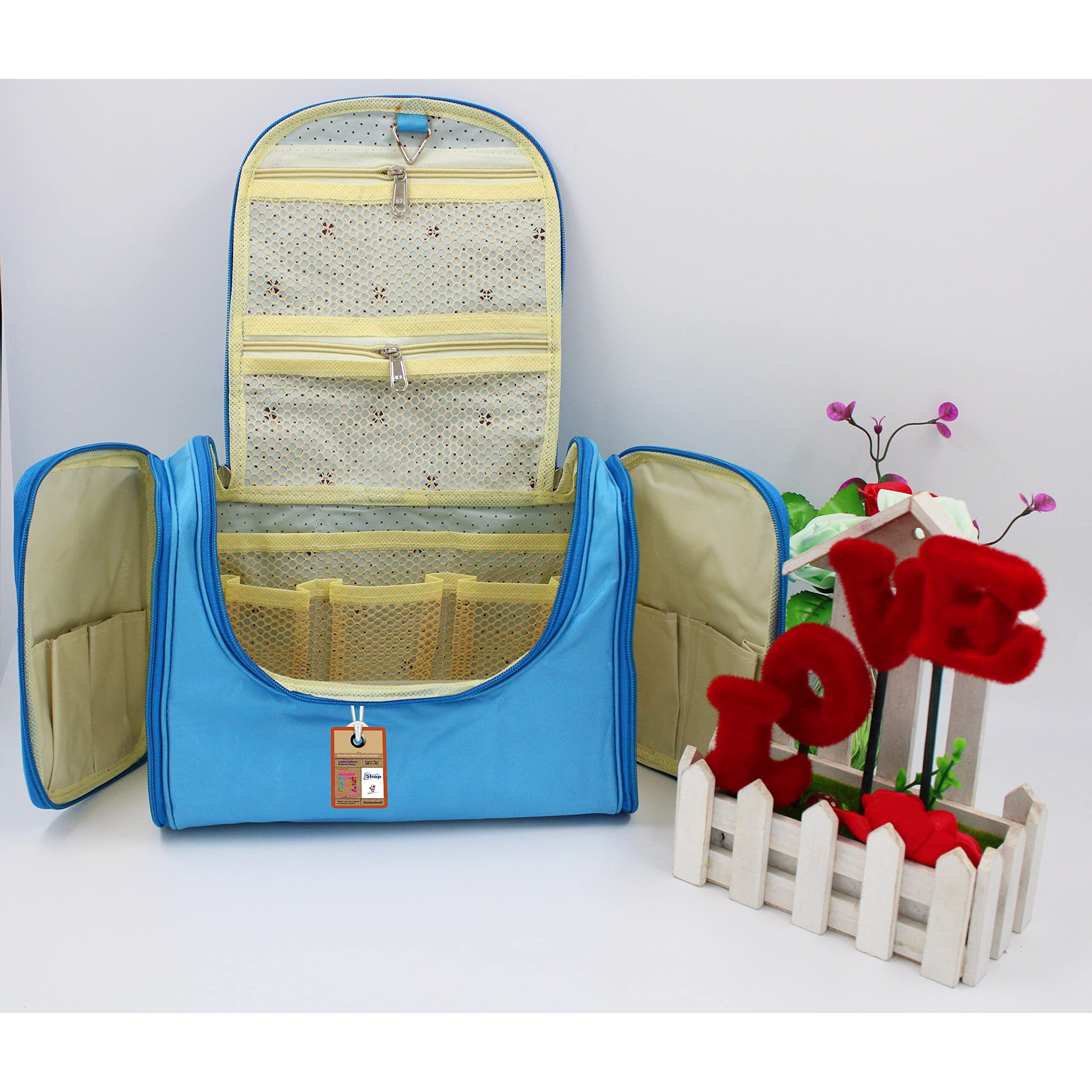 Atorakushon Nylon Sky Blue Hanging Travel Toiletry Bag Makeup Storage Box Vanity Cosmetic Hygiene Bag Wardrobe Organizer Jewellery Pouch For Women