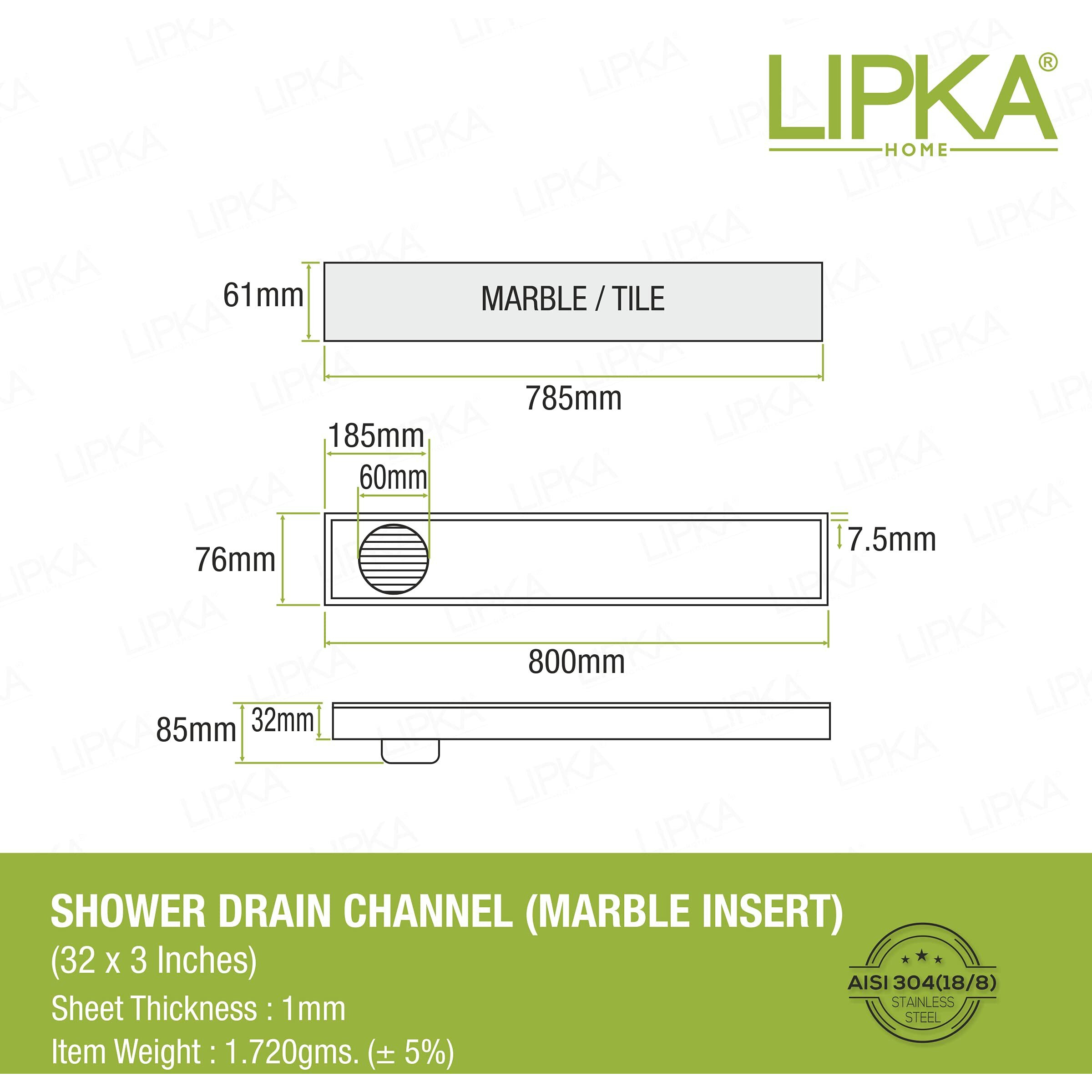 Lipka Marble Insert Shower Drain Channel | 32 X 3 Inches| 304-Grade Stainless Steel Long Floor Drain For Bathroom & Shower Areas | 21Mm Marble Invisible Water Drainer With Side Hole & Cockroach Trap