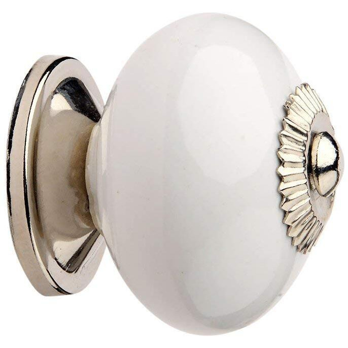 Hobknobs Stylish White Ceramic Nickel Plated Cabinet Knobs | Standard Size 39Mm Dia | Cupboard Drawer Pulls | Door Knobs | Modern Decorative Handles For Kitchen, Bathroom, Wardrobe (Pack Of 2).