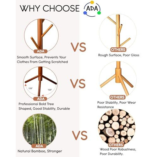Ada Premium Natural Bamboo Coat Rack Free Standing With 7 Hooks, Tree Coat Rack Stand For Coats, Hats, Scarves, Clothes, And Handbags Diy Golden Yellow, Cm
