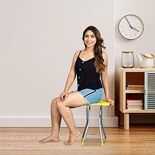 Parasnath Yellow Colour Folding Portable Stool Metal Stool With Plastic Seat For Office, Garden And Home - 6 Year Manufacturer Warranty - Made In India