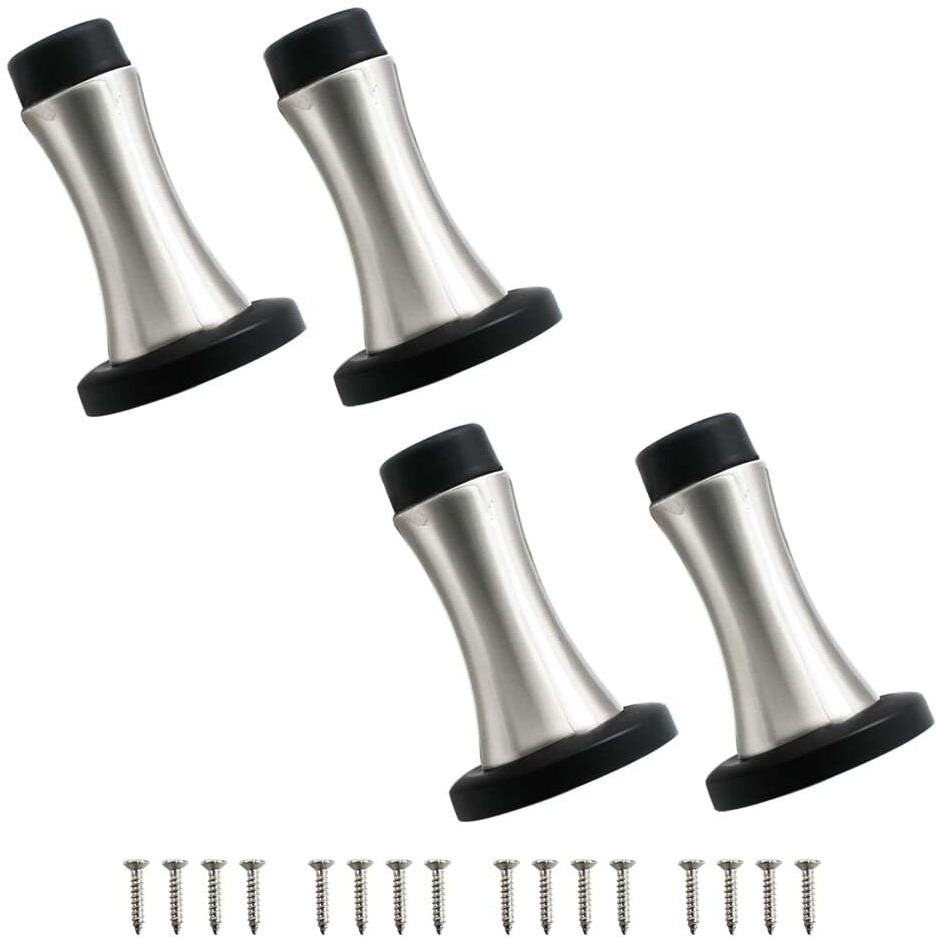 Volo Set Of 4 Pcs Heavy Duty Stainelss Steel Wall Mounted Door Stops, Rigid Door Stopper With Low Mounted Black Rubber Bumper Tips, Protect Wall & Door For Kitchen, Bedroom, Office (4)