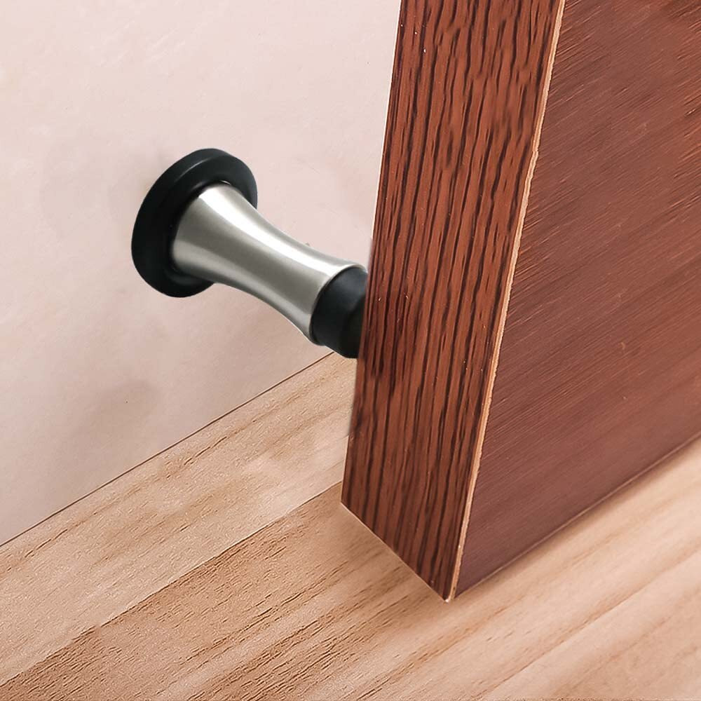 Volo Set Of 4 Pcs Heavy Duty Stainelss Steel Wall Mounted Door Stops, Rigid Door Stopper With Low Mounted Black Rubber Bumper Tips, Protect Wall & Door For Kitchen, Bedroom, Office (4)