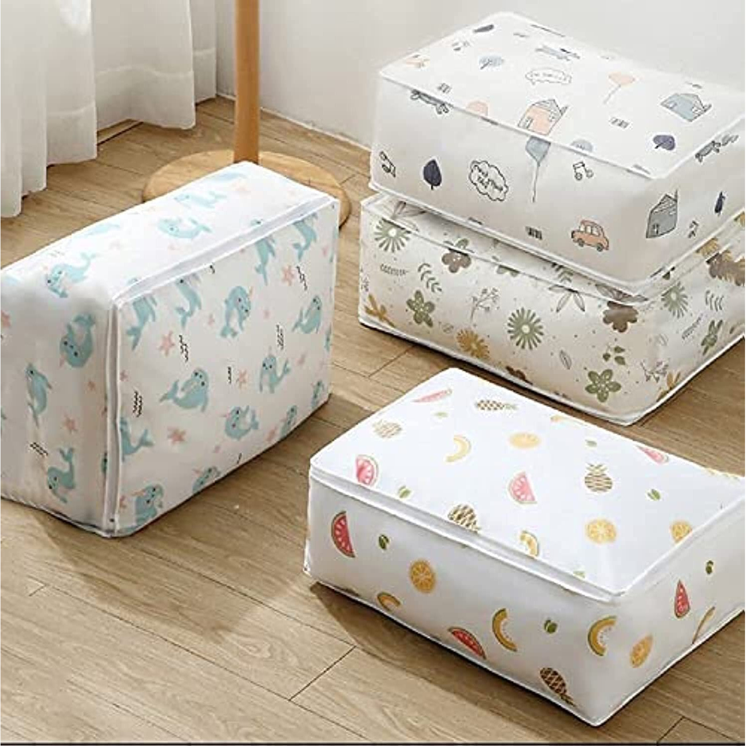 Mark Ample Blanket Storage Bag Under-Bed Quilt Clothes Storage Bag With Peva Material Washable Waterproof Foldable Transparent Printed Cover (Multi-Design) (4) Peva- Poly Ethylene_Vinyl_Acetate