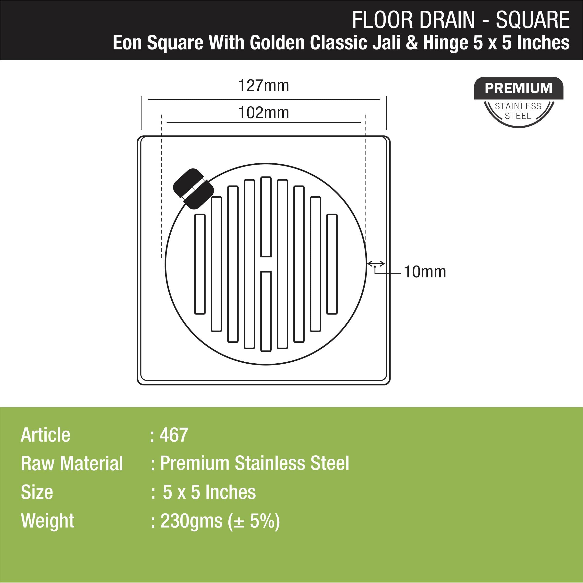 Lipka Eon Square With Golden Classic Jali Floor Drain |Premium Stainless Steel |5 X 5 Inches| With Hinge