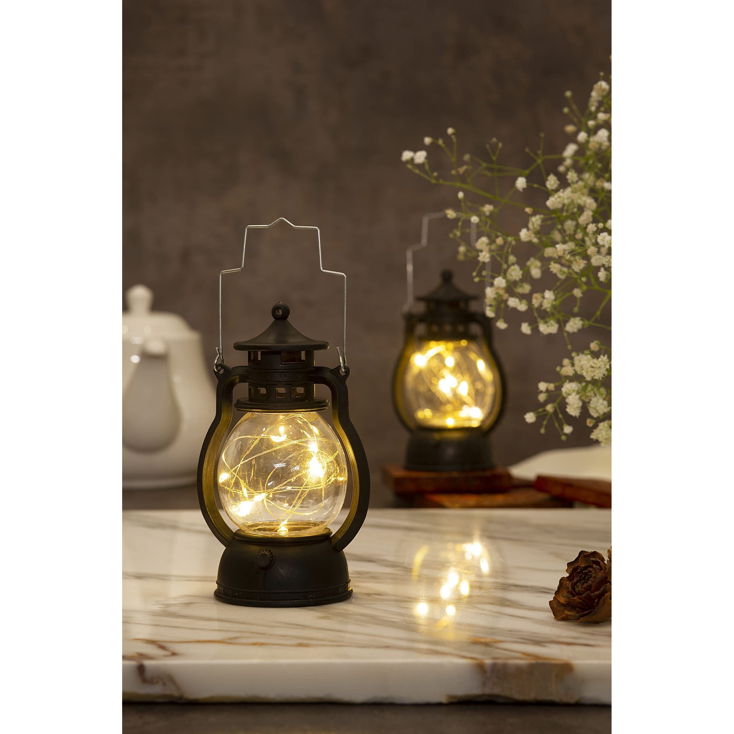 Satyam Kraft 2 Pcs Small Acrylic Antique Lamp Hurricane Wall Hanging Led String Light Holder For Home, Lobby, Drawing Room, Living Room, Bedroom, Restaurant Decor (2 Piece) (13 X 6 Cm)