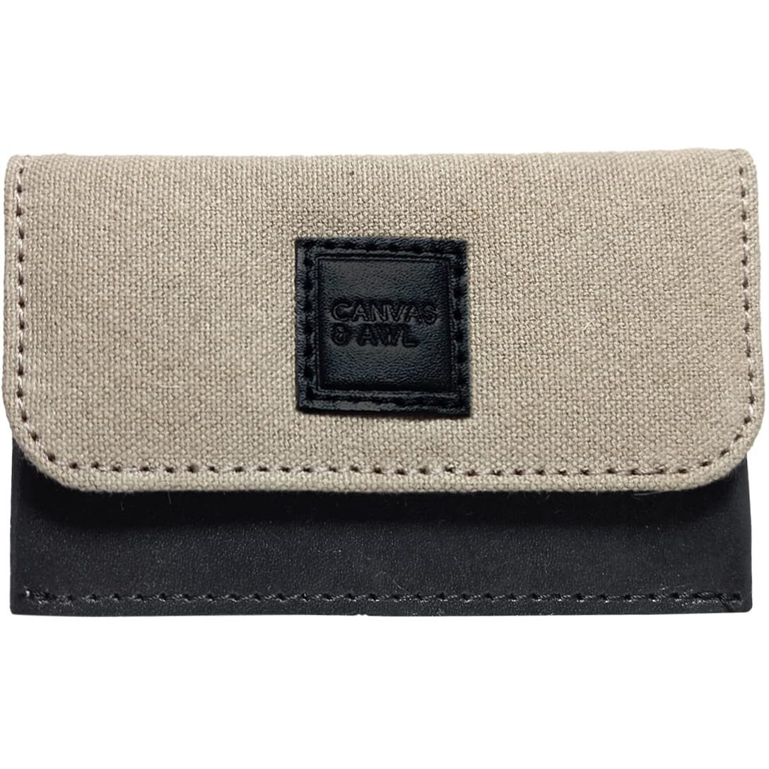 Canvas & Awl Canvas & Genuine Leather Card Holder Pocket Sized Slim Minimalist Wallet Business Card Case (Beige & Black)