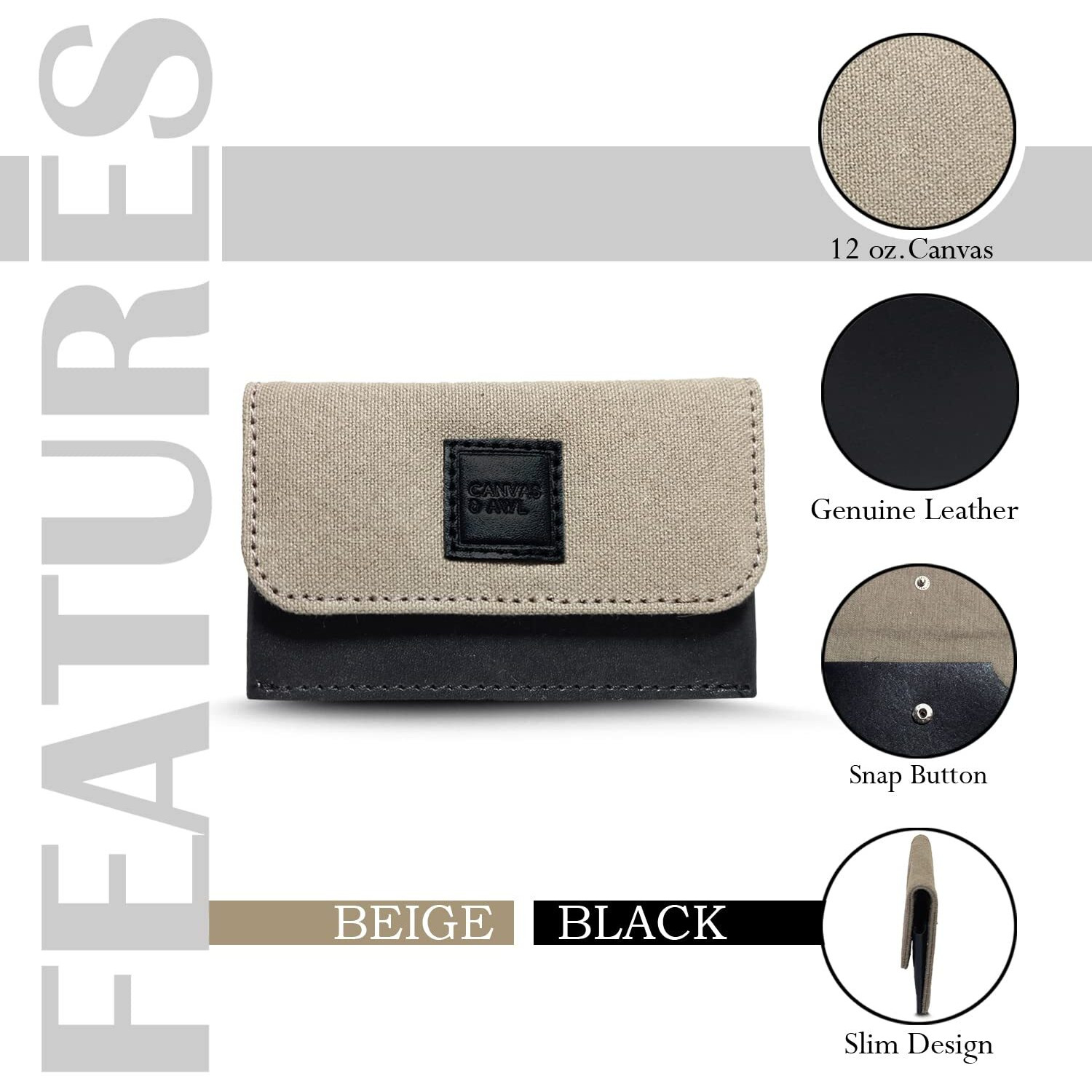 Canvas & Awl Canvas & Genuine Leather Card Holder Pocket Sized Slim Minimalist Wallet Business Card Case (Beige & Black)