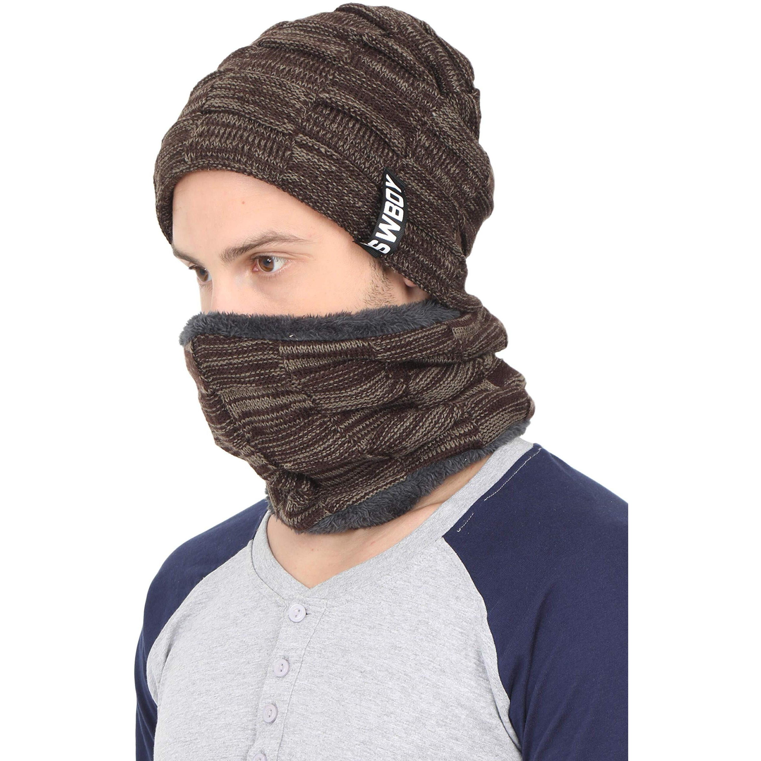 Fabseasons Unisex Acrylic Woolen Combo Of Beanie/Skull Cap & Muffler For Winters With Faux Fur Lining -Brown