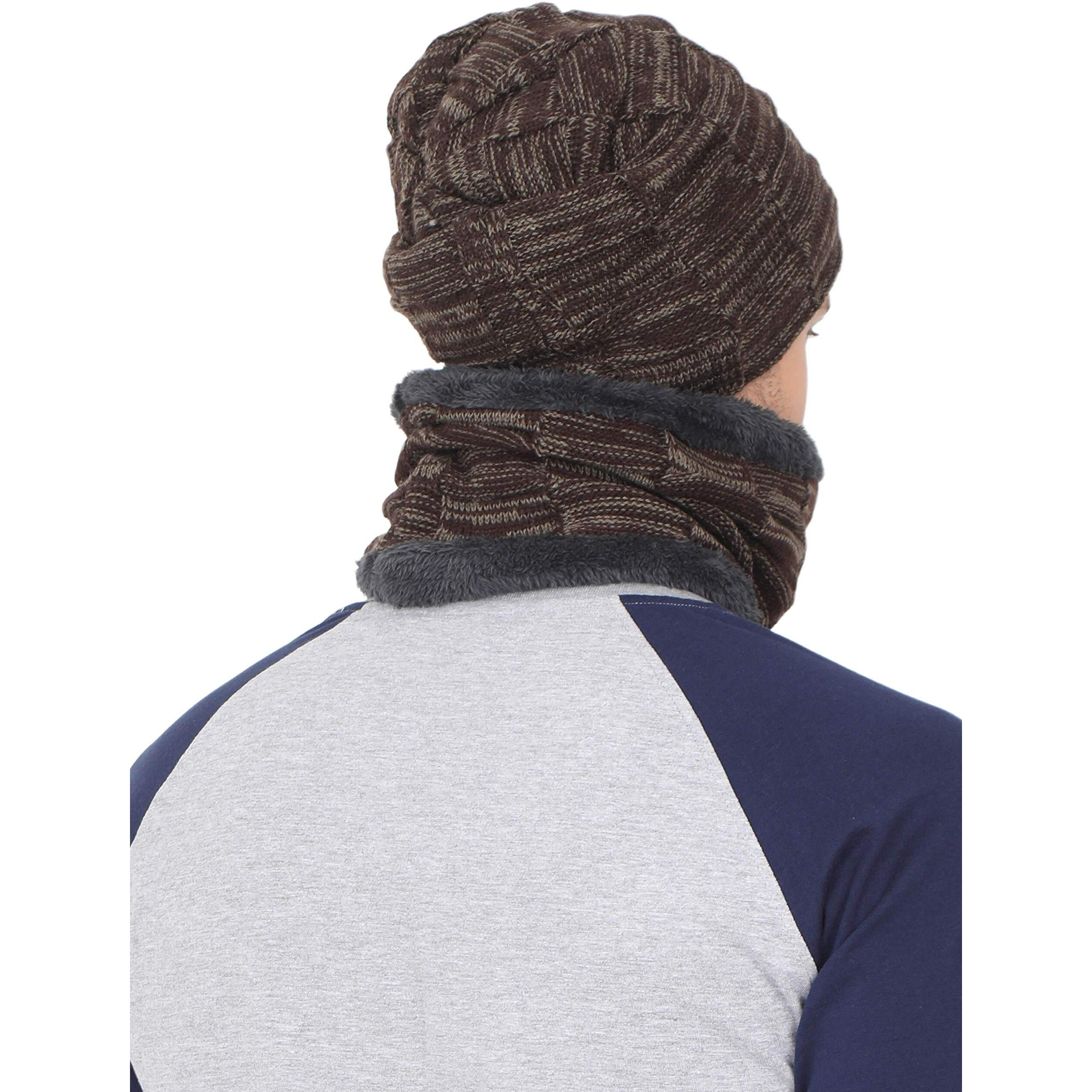 Fabseasons Unisex Acrylic Woolen Combo Of Beanie/Skull Cap & Muffler For Winters With Faux Fur Lining -Brown
