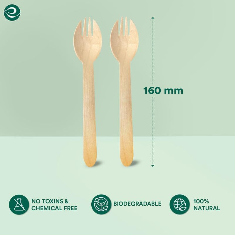 Eco Soul [160Mm, 50 Pack] Disposable Sporks | Wooden Dining Flatware | Ideal For Kids Birthday, Wedding & Party
