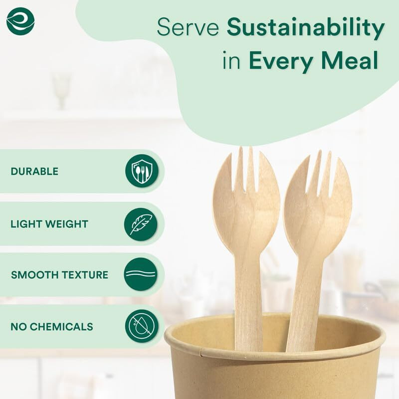 Eco Soul [160Mm, 50 Pack] Disposable Sporks | Wooden Dining Flatware | Ideal For Kids Birthday, Wedding & Party