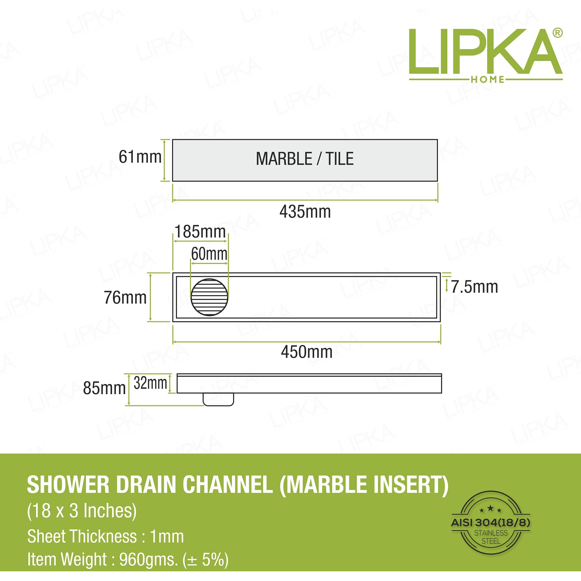 Lipka Marble Insert Shower Drain Channel | 18 X 3 Inches| 304-Grade Stainless Steel Long Floor Drain For Bathroom & Shower Areas | 21Mm Marble Invisible Water Drainer With Side Hole & Cockroach Trap