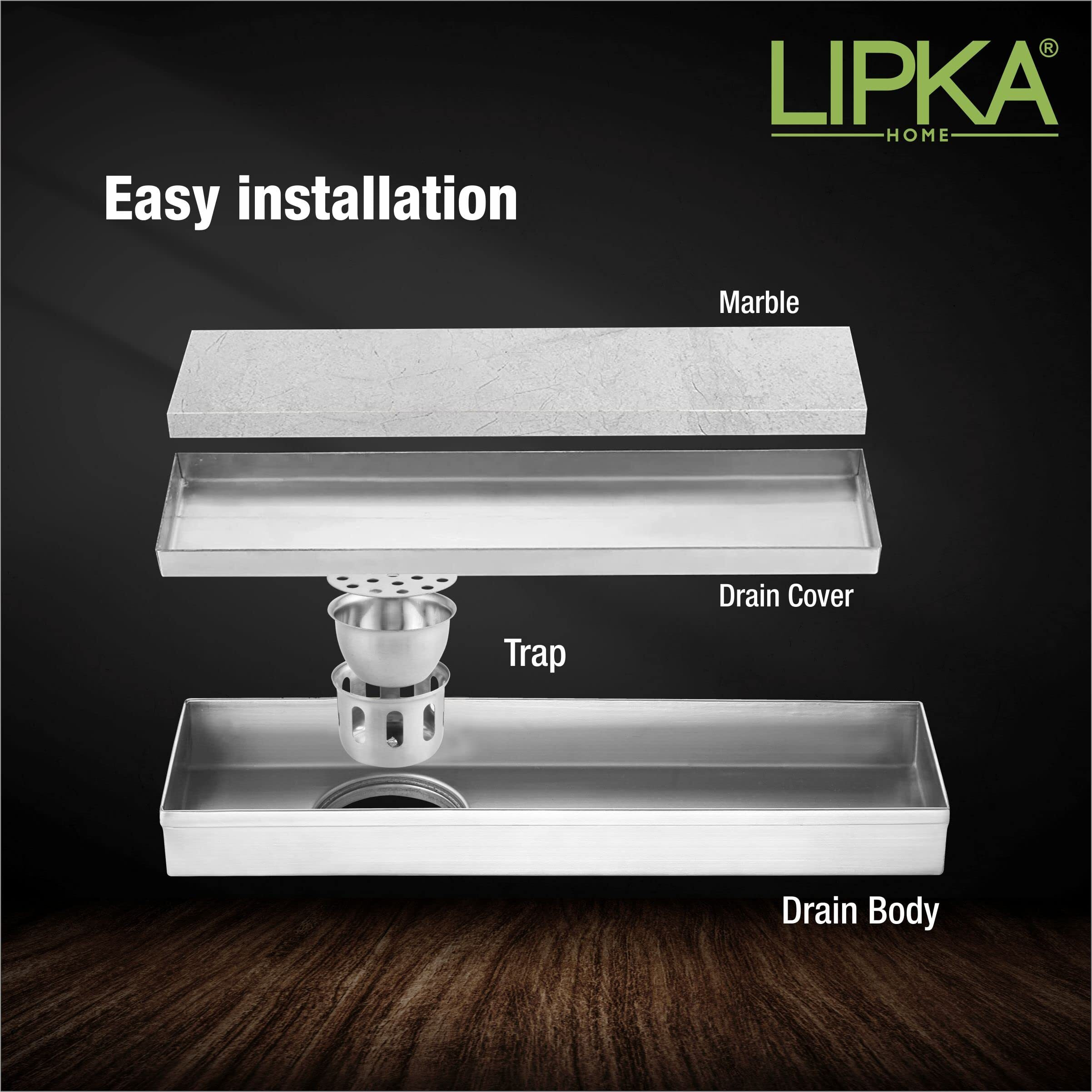 Lipka Marble Insert Shower Drain Channel | 18 X 3 Inches| 304-Grade Stainless Steel Long Floor Drain For Bathroom & Shower Areas | 21Mm Marble Invisible Water Drainer With Side Hole & Cockroach Trap