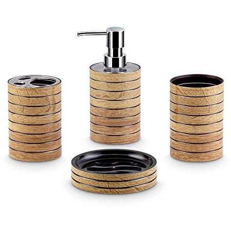Freelance Miami Polystyrene 4 Pieces Bathroom Set-Dispenser, Toothbrush Holder, Tumbler & Soap Dish (Light Wood)