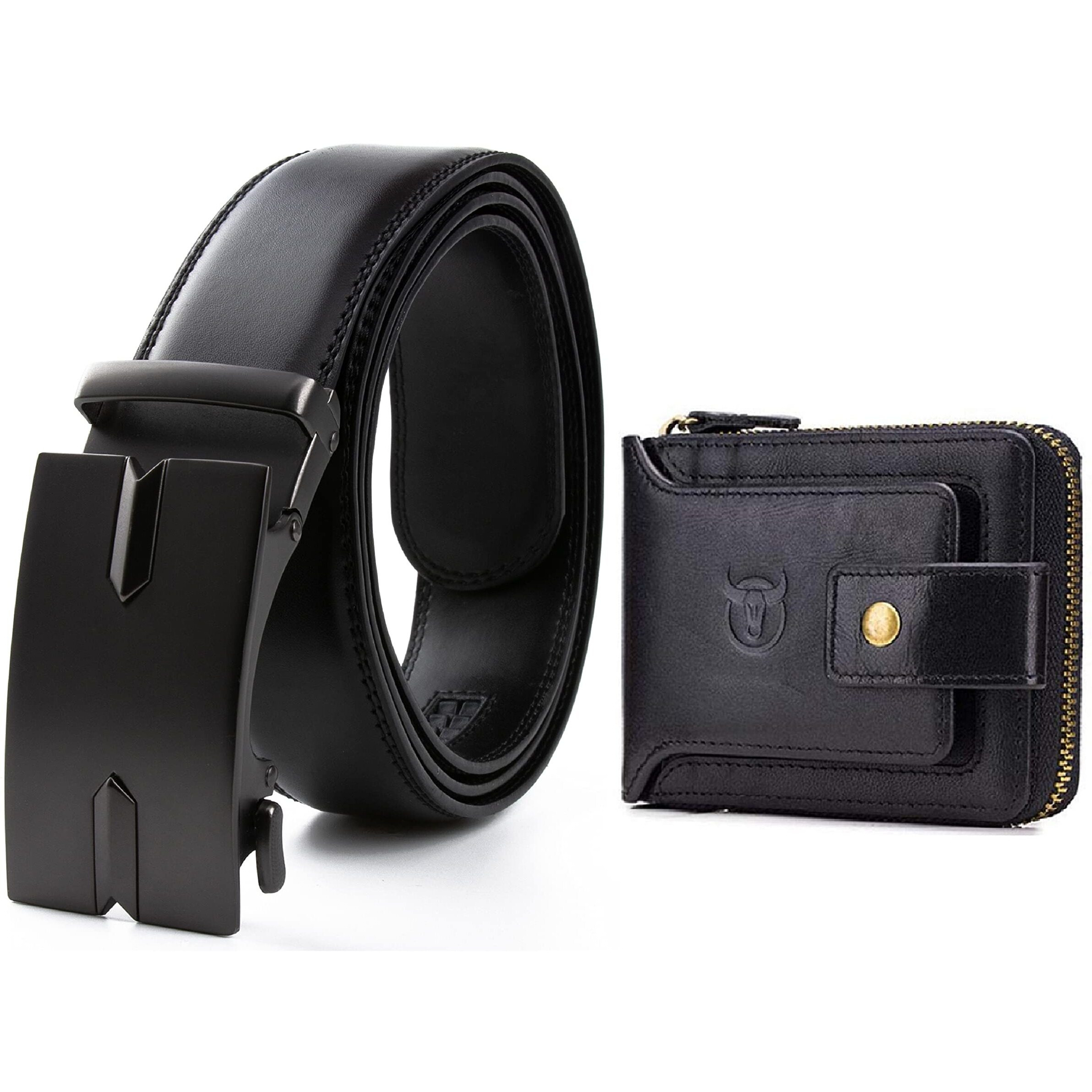 Contacts Men Leather Auto Lock Buckle Belt And Rfid Protected Genuine Leather Wallet Combo (03,N87 Black)