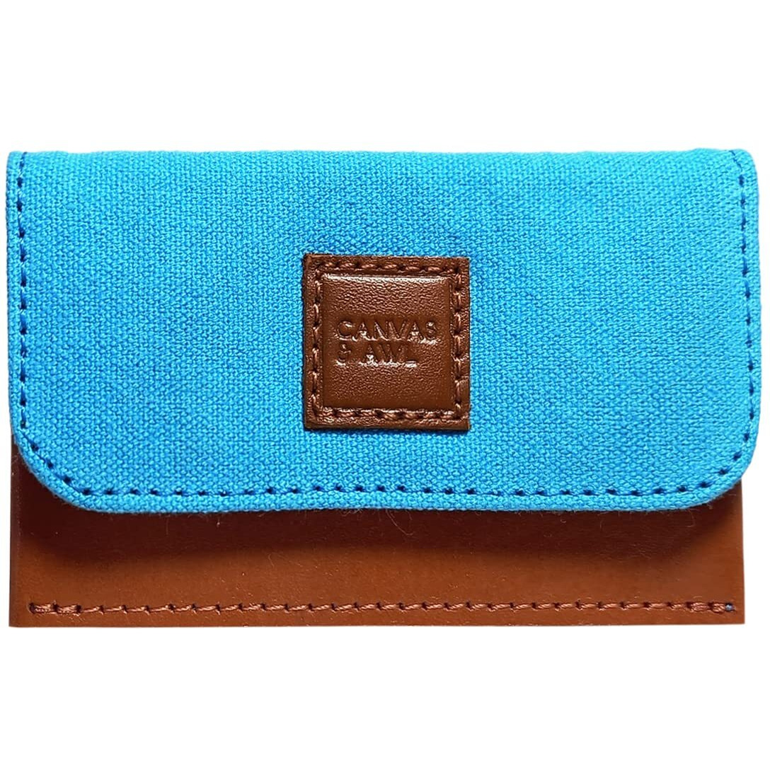 Canvas & Awl Canvas & Genuine Leather Card Holder Pocket Sized Slim Minimalist Wallet Business Card Case (Turquoise & Tan)