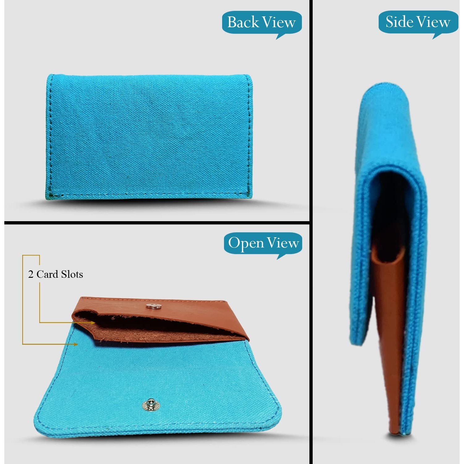 Canvas & Awl Canvas & Genuine Leather Card Holder Pocket Sized Slim Minimalist Wallet Business Card Case (Turquoise & Tan)