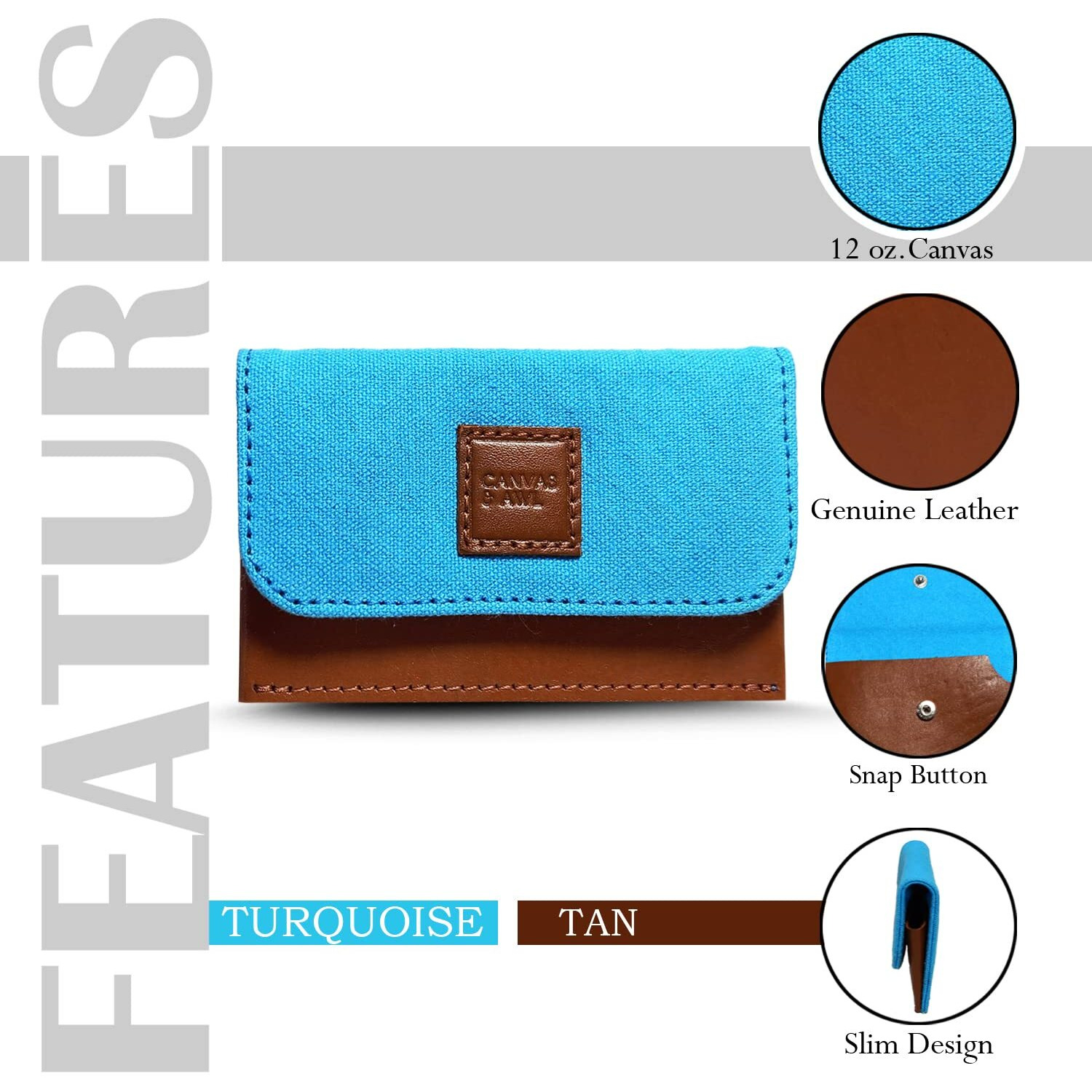 Canvas & Awl Canvas & Genuine Leather Card Holder Pocket Sized Slim Minimalist Wallet Business Card Case (Turquoise & Tan)