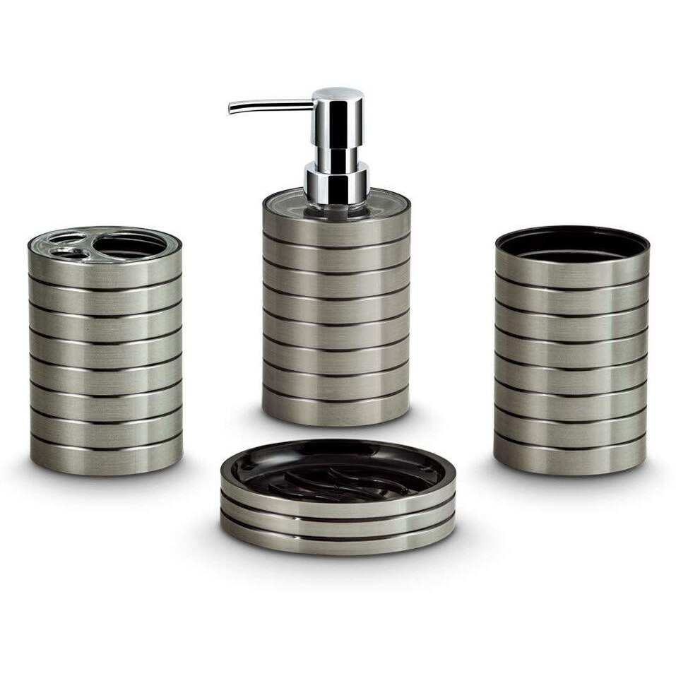Freelance Miami Polystyrene 4 Pieces Bathroom Set-Dispenser, Toothbrush Holder, Tumbler & Soap Dish (Silver)