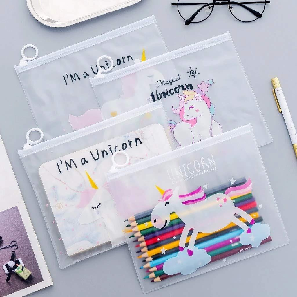 Crackles Cute Unicorn Transparent Multi Reusable Pouches Pencil Pouch/Case For Kids | Assorted Design -Multi Color, Pack Of 6 For Birthday Return Gifts
