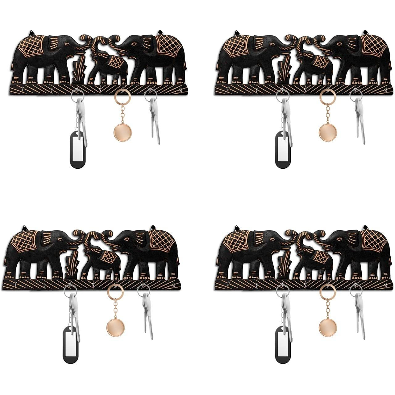 Karigar Creations Elephant Design Wooden Key Holder Decorative Wall Decor Key Holder For Home Mdf Wood Key Chain Holder With 8 Hooks (Pack Of 4)