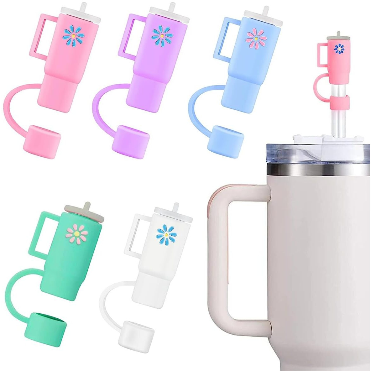 Hasthip 5Pcs Straw Cover Cap, Straw Protectors With Handle, Cute Silicone Straw Topper For 10Mm Diameter Cup Accessories