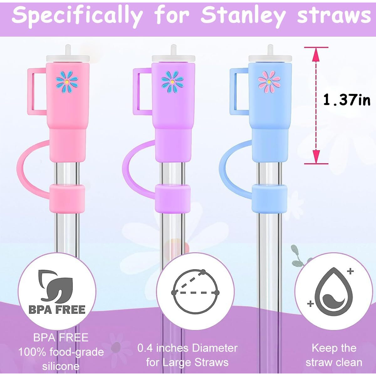 Hasthip 5Pcs Straw Cover Cap, Straw Protectors With Handle, Cute Silicone Straw Topper For 10Mm Diameter Cup Accessories