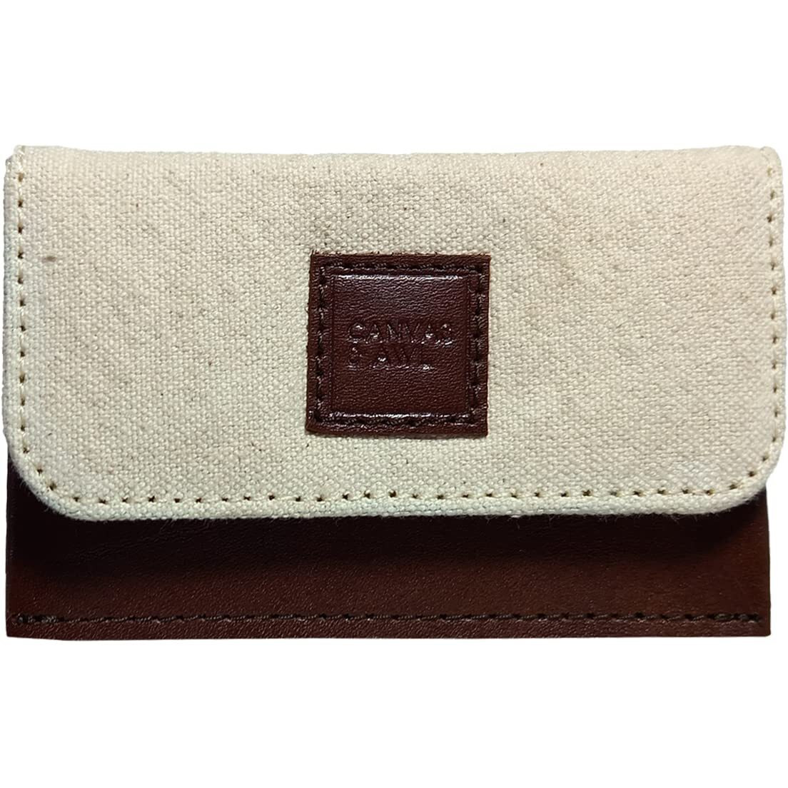 Canvas & Awl Canvas & Genuine Leather Card Holder Pocket Sized Slim Minimalist Wallet Business Card Case (White & Brown)