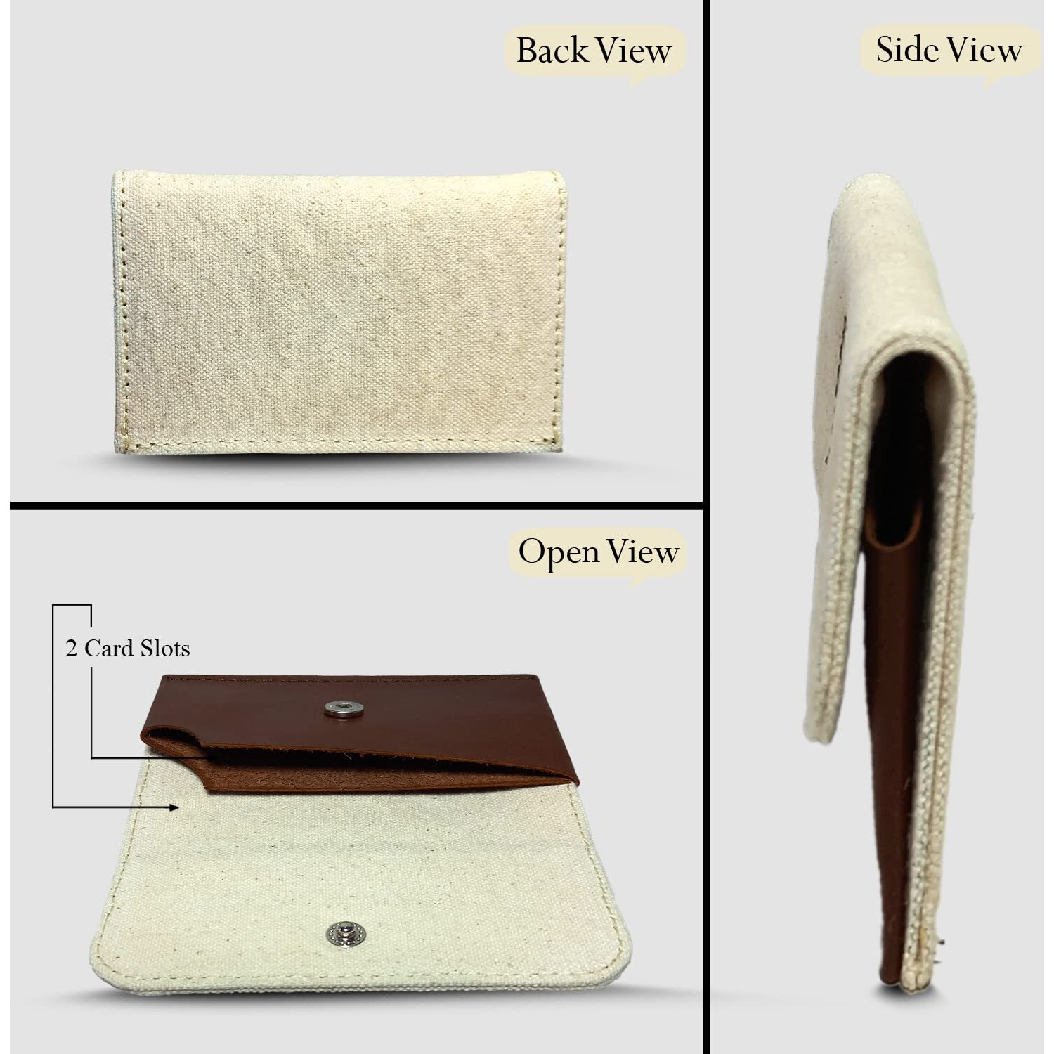 Canvas & Awl Canvas & Genuine Leather Card Holder Pocket Sized Slim Minimalist Wallet Business Card Case (White & Brown)