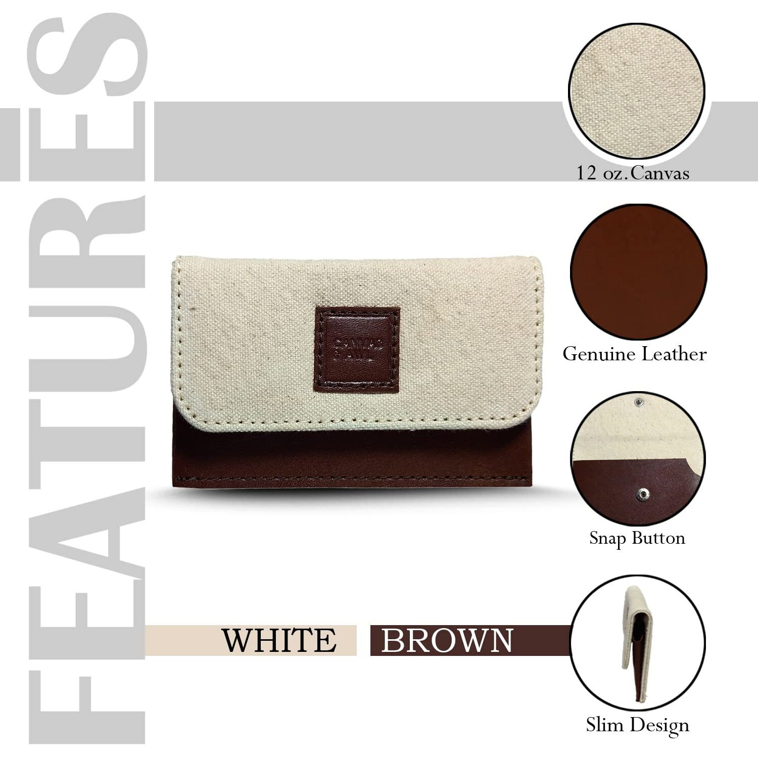 Canvas & Awl Canvas & Genuine Leather Card Holder Pocket Sized Slim Minimalist Wallet Business Card Case (White & Brown)