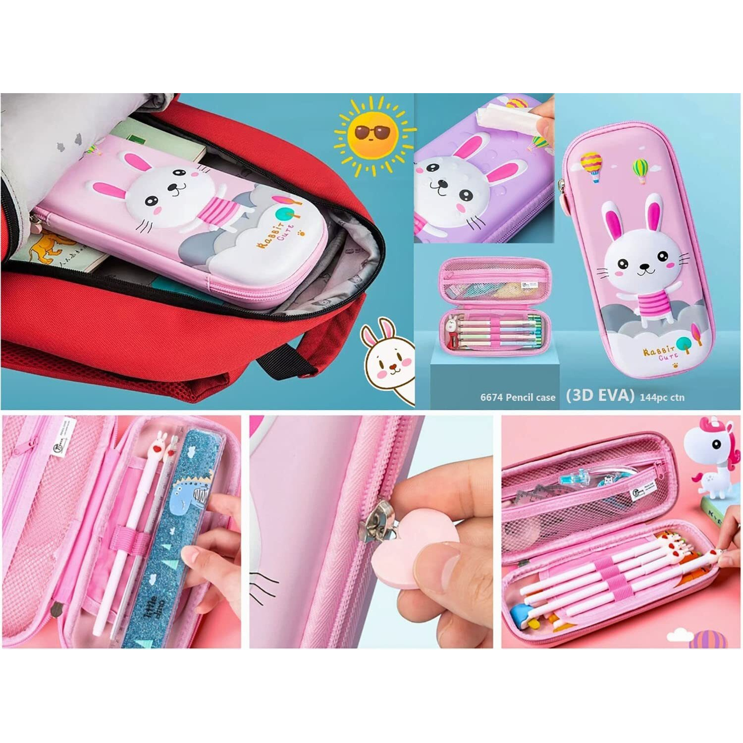 Magicwand Ethylene Vinyl Acetate (Eva) Large Capacity 3D Embossed Rabbit Print Waterproof Hardtop Eva Pencil Case - 2 Yrs & Up, Pack Of 1 (Multicolored)