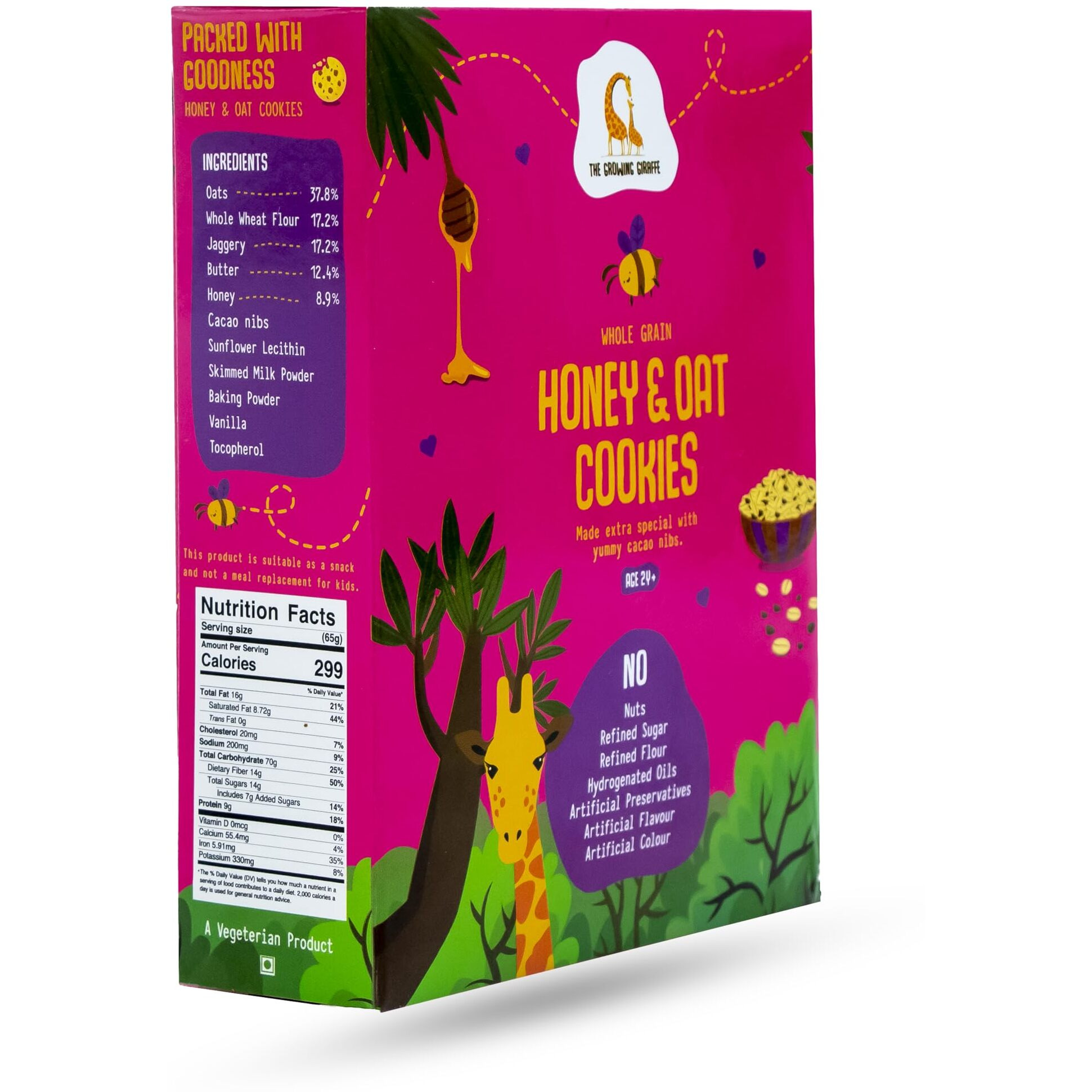The Growing Giraffe Whole Grain Honey & Oat Cookies With Chocolate Chips | Tasty, Healthy & Nutritious, Free From Artificial Flavor & Color, 160 Grams (Pack Of 3)