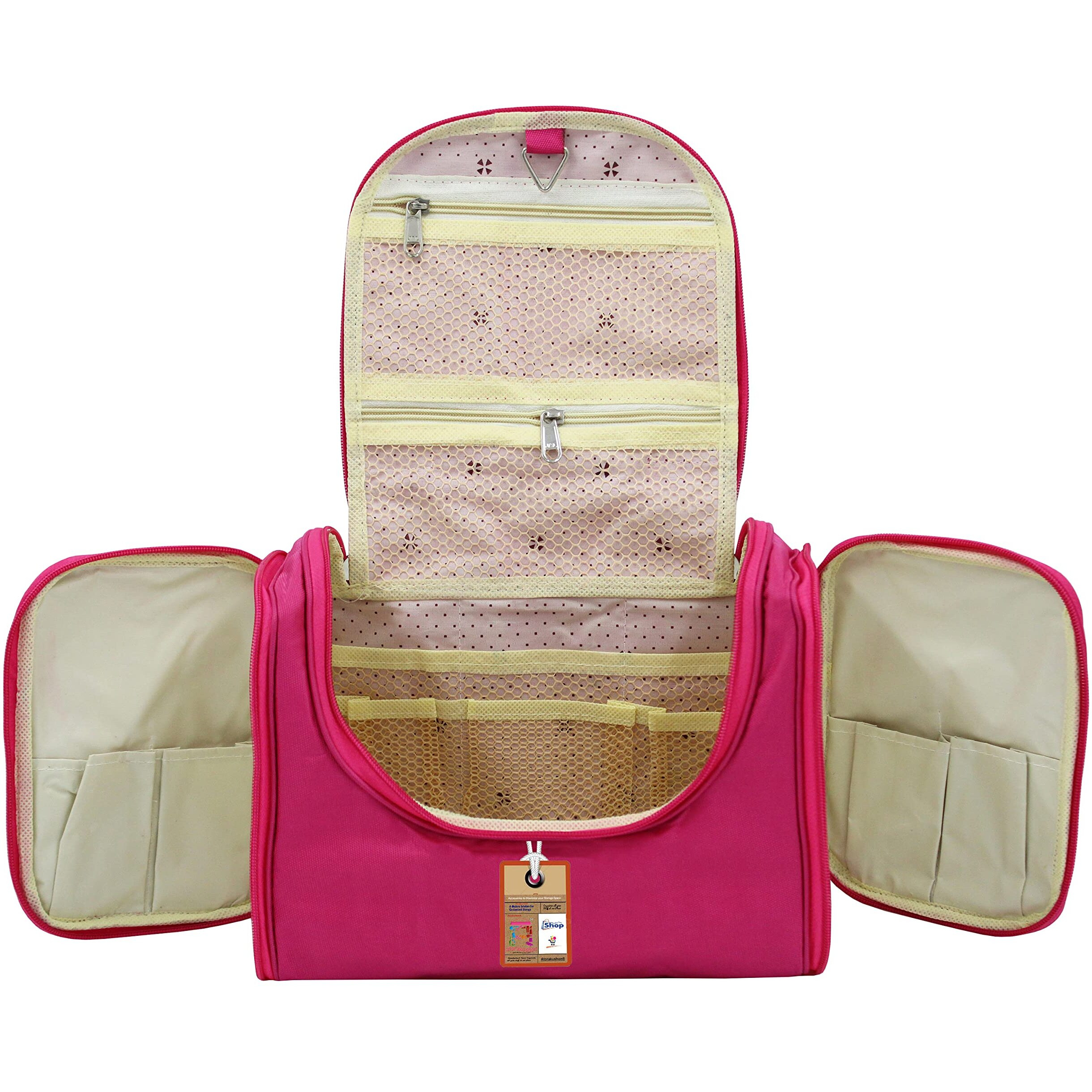 Atorakushon Nylon Pink Hanging Travel Toiletry Bag Makeup Storage Box Vanity Cosmetic Hygiene Bag Wardrobe Organizer Jewellery Pouch For Women