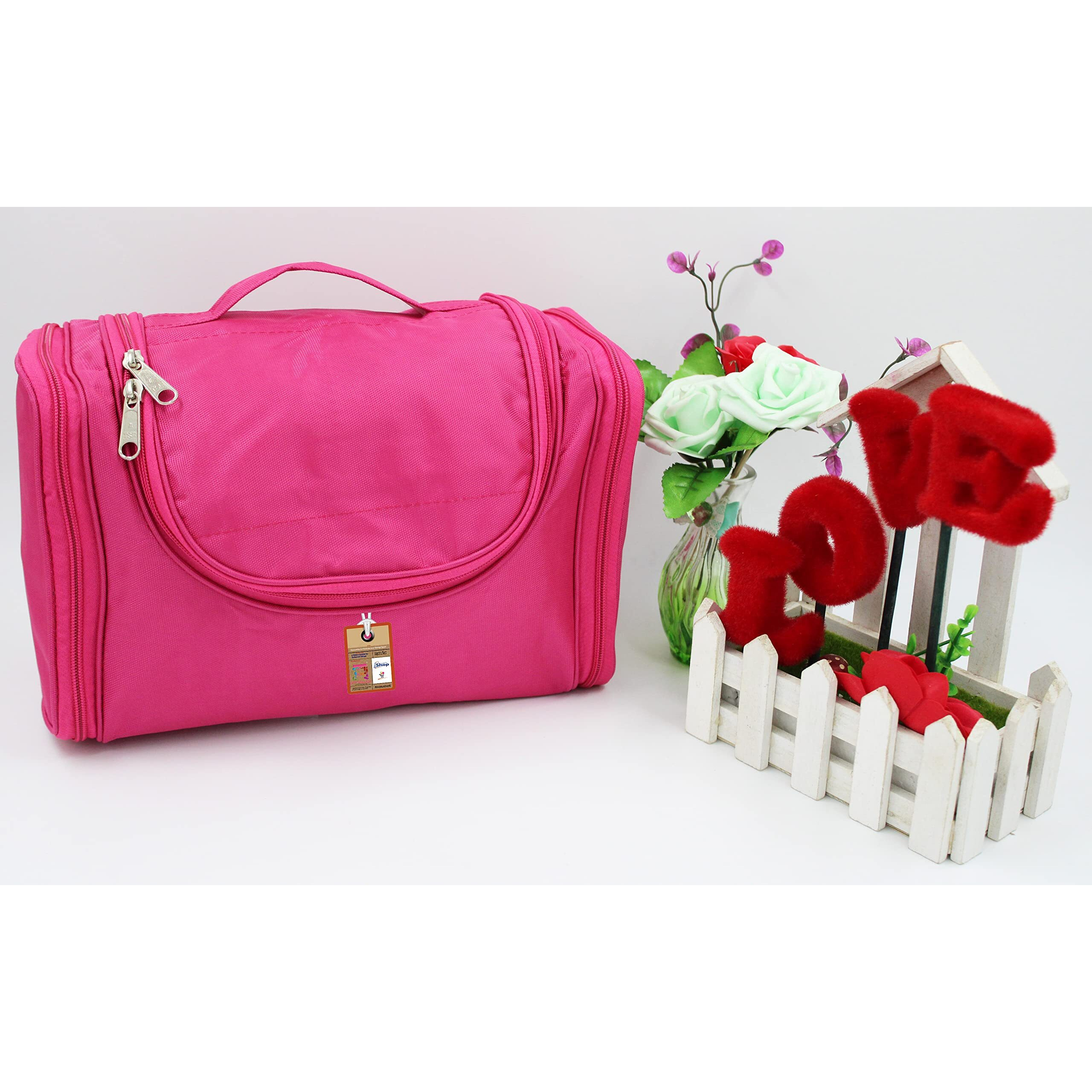 Atorakushon Nylon Pink Hanging Travel Toiletry Bag Makeup Storage Box Vanity Cosmetic Hygiene Bag Wardrobe Organizer Jewellery Pouch For Women