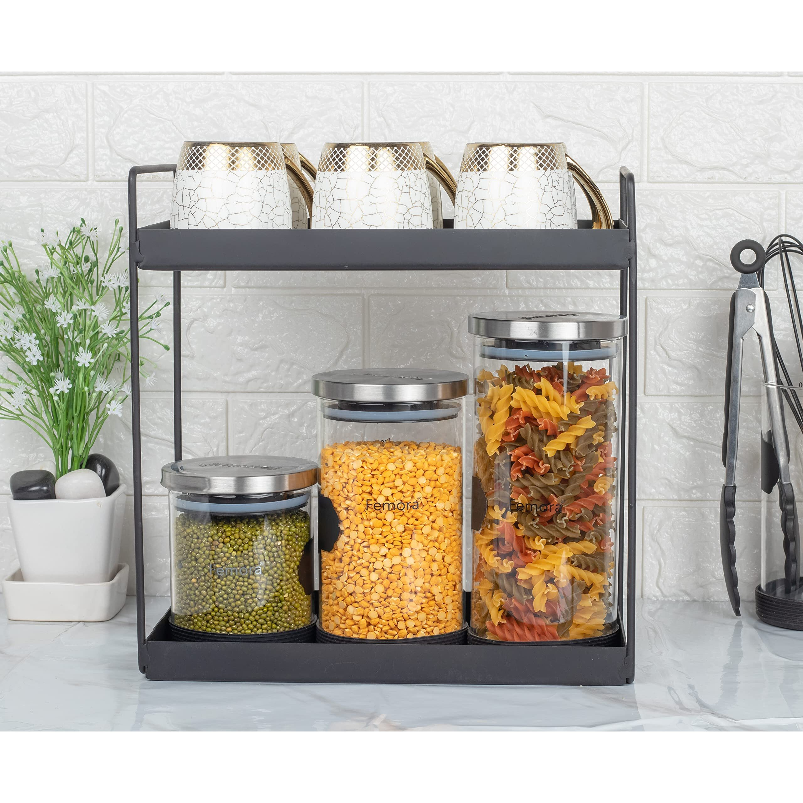 Femora Borosilicate Glass Jar With Silicon Bottom & Airtight Steel Lid| Glass Jar For Kitchen| Kitchen Storage Jars|1 Year Warranty|Jars For Gifting, Snacks, Spice, Cookies, Dry Food|1300 Ml|Set Of 2
