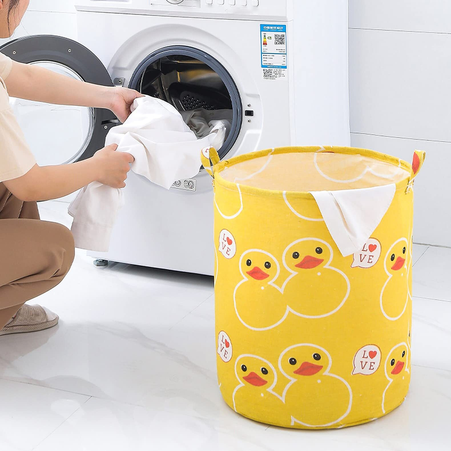 Wolpin Laundry Bag Waterproof Toy Storage, Laundry Basket Organizer With Handles Foldable Moistureproof Large (63 L) - Duck Yellow,Cotton